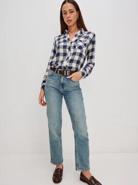 Rails Hunter Navy Blue White Button Up Down Long Sleeve Plaid Shirt Top Medium